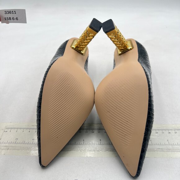 FSJ Black Snake Gold Metal Chain Chunky High Heel Pointed Toe Slip On Shoes - Picture 7 of 8